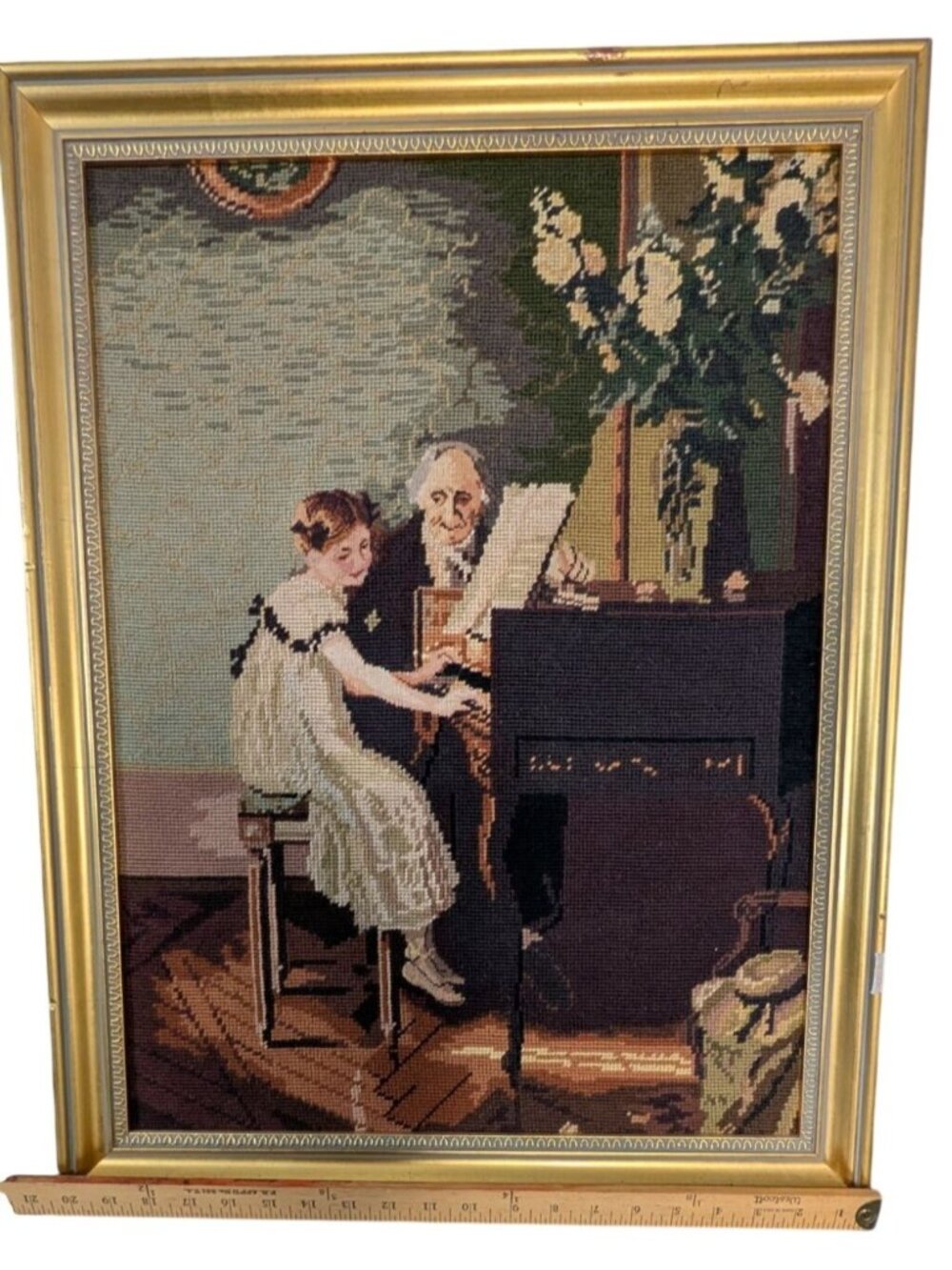 Vintage Needlepoint Tapestry Framed Art Piano lesson, decor - Picture 7 of 16